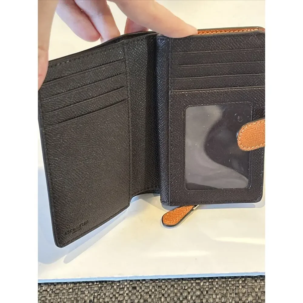 Coach Medium Bifold Snap Wallet Crossgrain Leather Corner Zip Orange ID Window